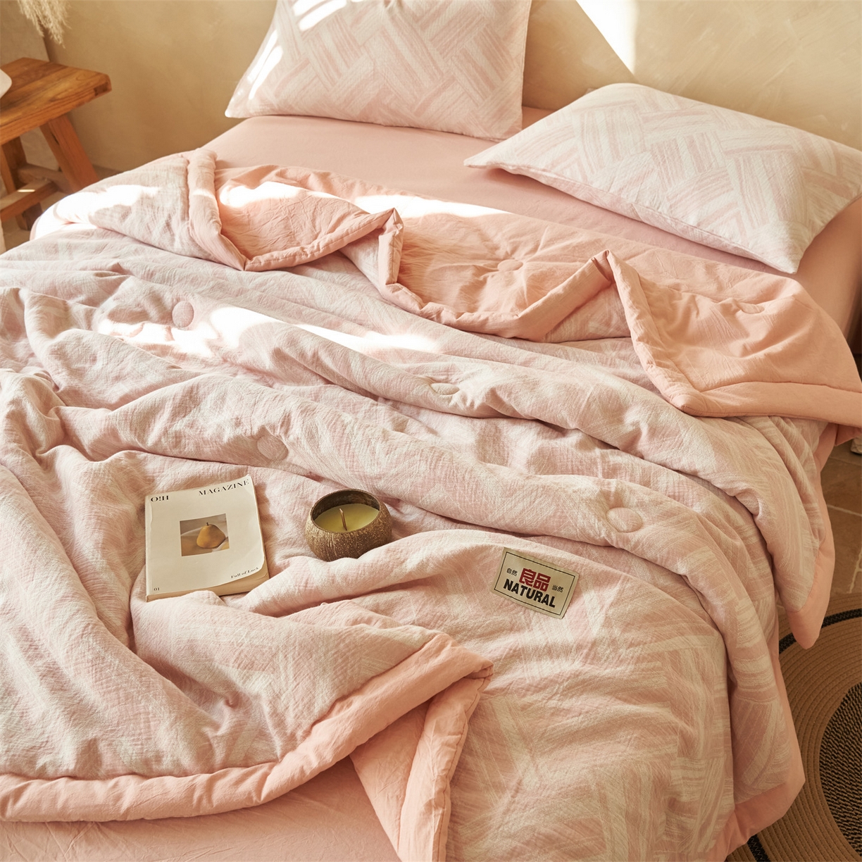 91家纺网 家纺一手货源 找家纺 恬思语家纺 2026春夏新款里外全棉纯棉大提花棉花夏被--洛克系列 洛克-粉