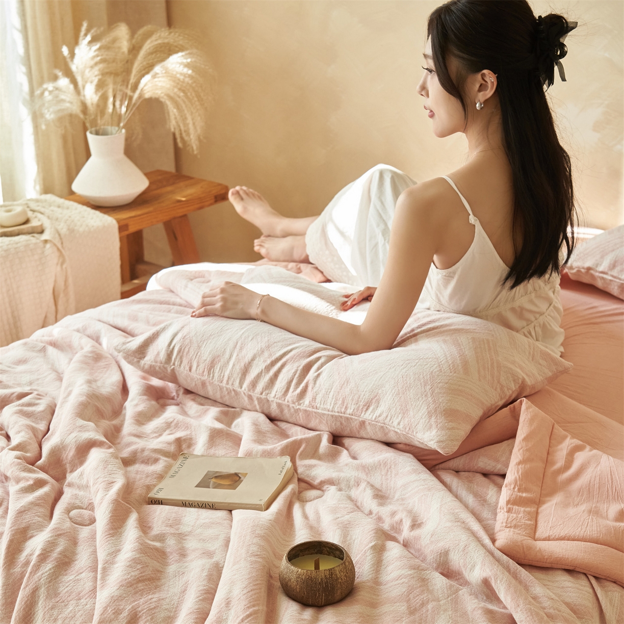 91家纺网 家纺一手货源 找家纺 恬思语家纺 2026春夏新款里外全棉纯棉大提花棉花夏被--洛克系列 洛克-粉