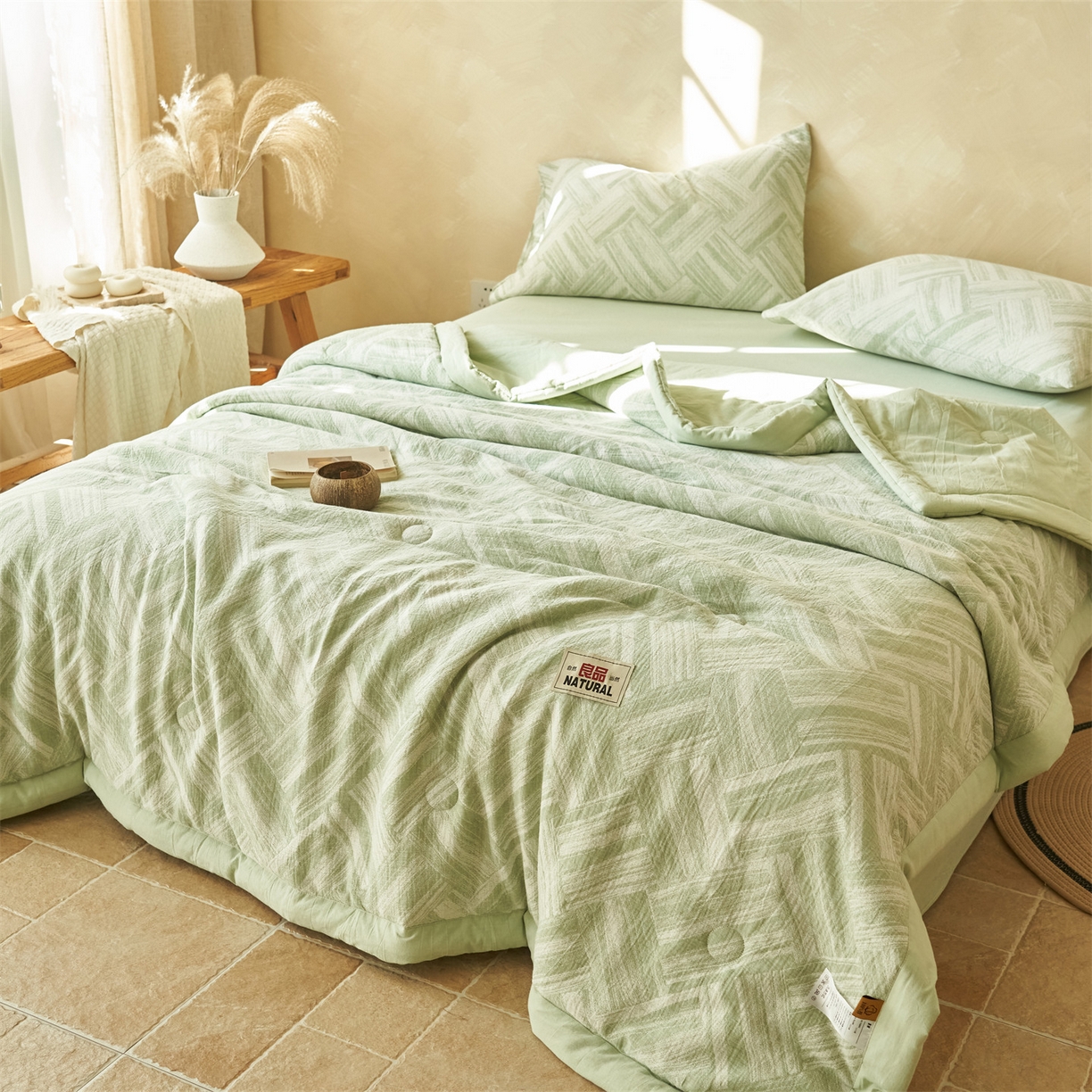 91家纺网 家纺一手货源 找家纺 恬思语家纺 2026春夏新款里外全棉纯棉大提花棉花夏被--洛克系列 洛克-绿