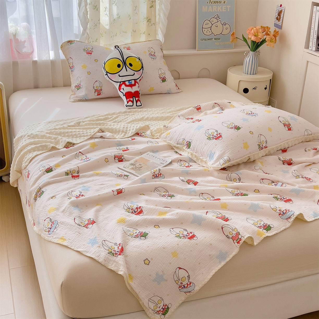 91家纺网 家纺一手货源 找家纺 兄弟坊 2026新款正版授权卡通全棉双层纱安抚被夏被纱布豆豆毯学校午睡被 酷酷奥特曼