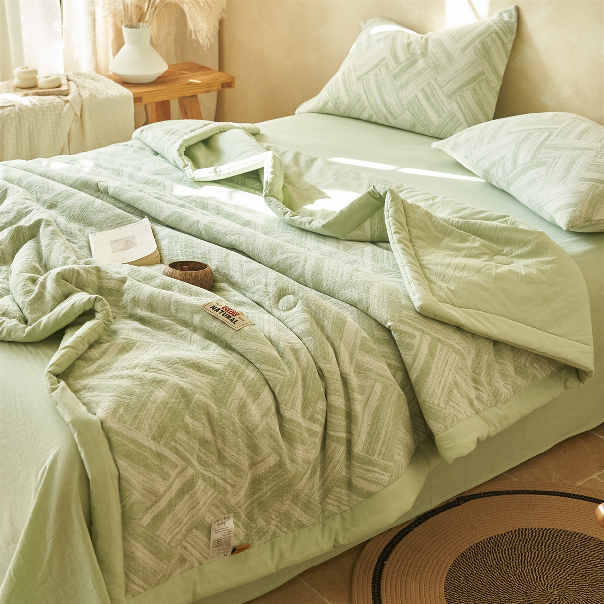 91家纺网 家纺一手货源 找家纺 恬思语家纺 2026春夏新款里外全棉纯棉大提花棉花夏被--洛克系列 洛克-绿