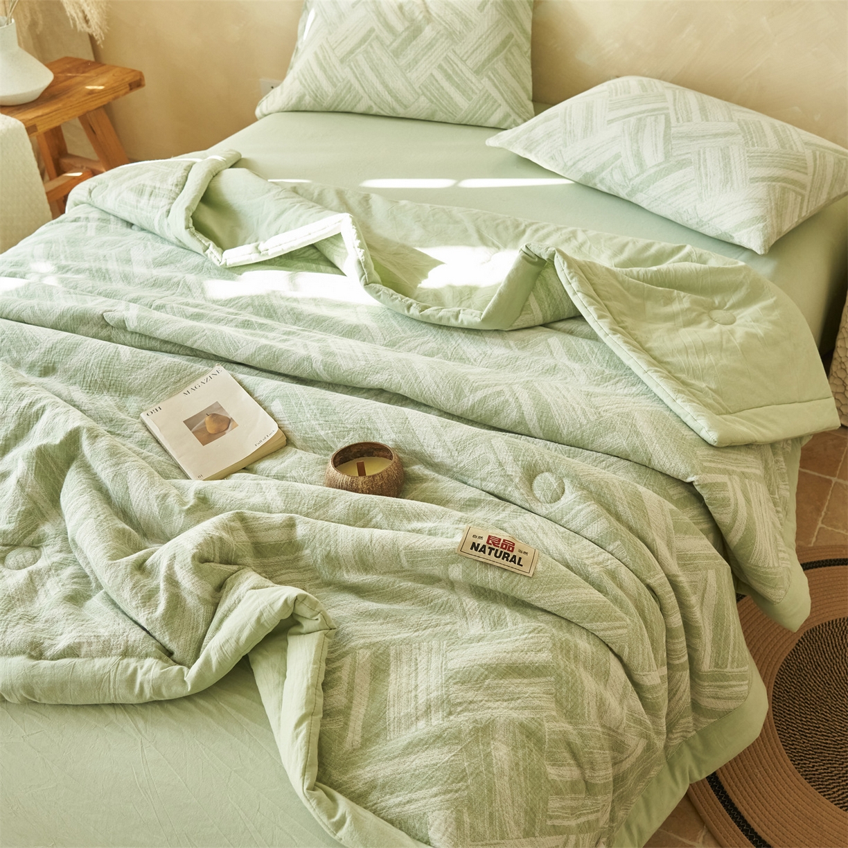 91家纺网 家纺一手货源 找家纺 恬思语家纺 2026春夏新款里外全棉纯棉大提花棉花夏被--洛克系列 洛克-绿