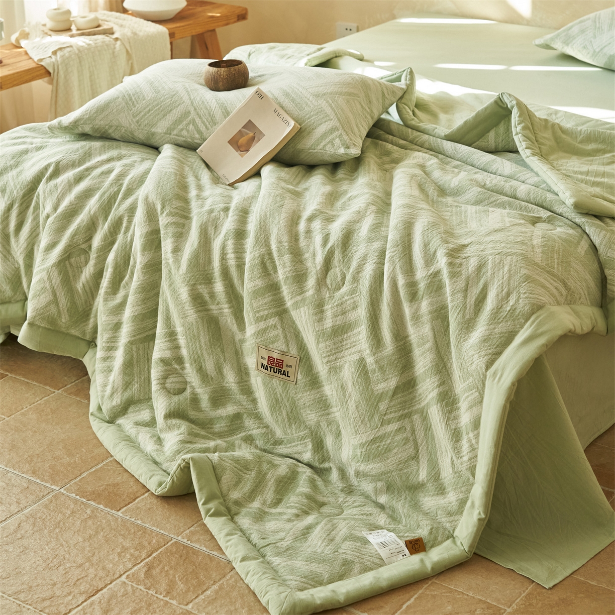 91家纺网 家纺一手货源 找家纺 恬思语家纺 2026春夏新款里外全棉纯棉大提花棉花夏被--洛克系列 洛克-绿