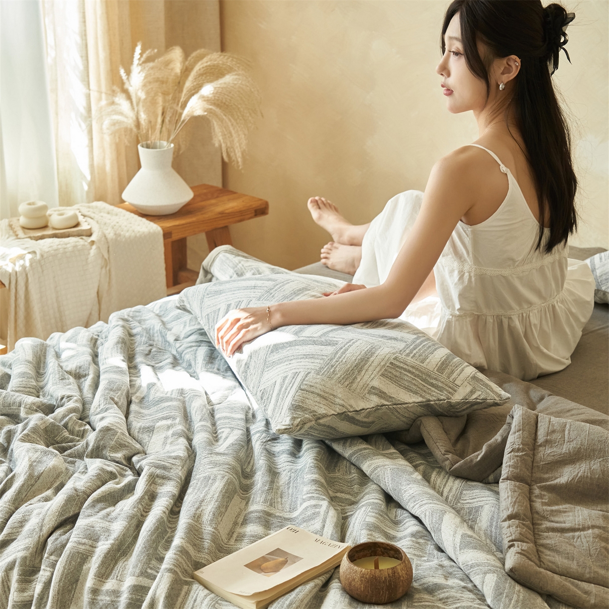 91家纺网 家纺一手货源 找家纺 恬思语家纺 2026春夏新款里外全棉纯棉大提花棉花夏被--洛克系列 洛克-灰