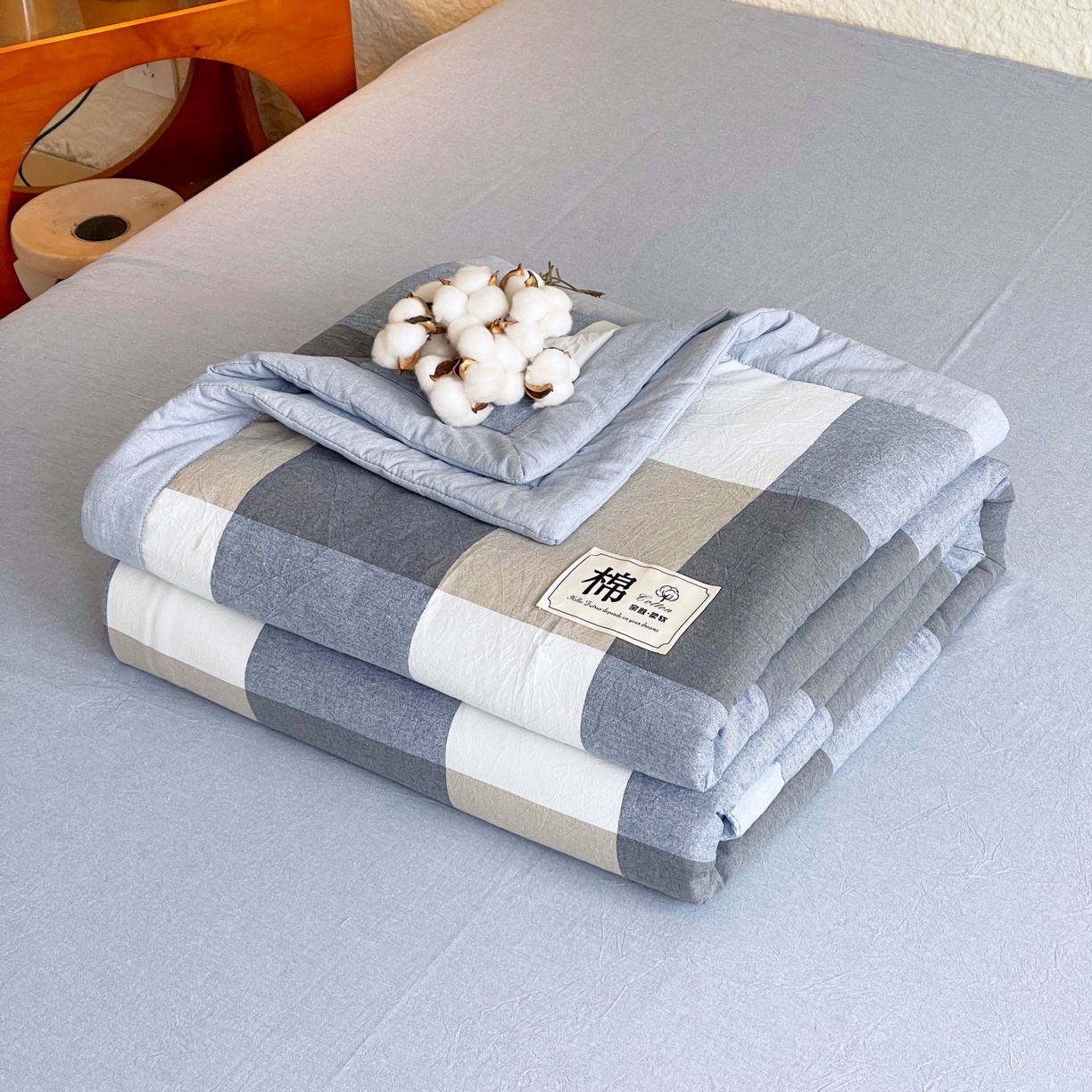 梵克保罗 2026春夏新款水洗棉新疆棉花被绗缝款夏被系列单夏被夏凉被空调被 棉花被-深蓝大格