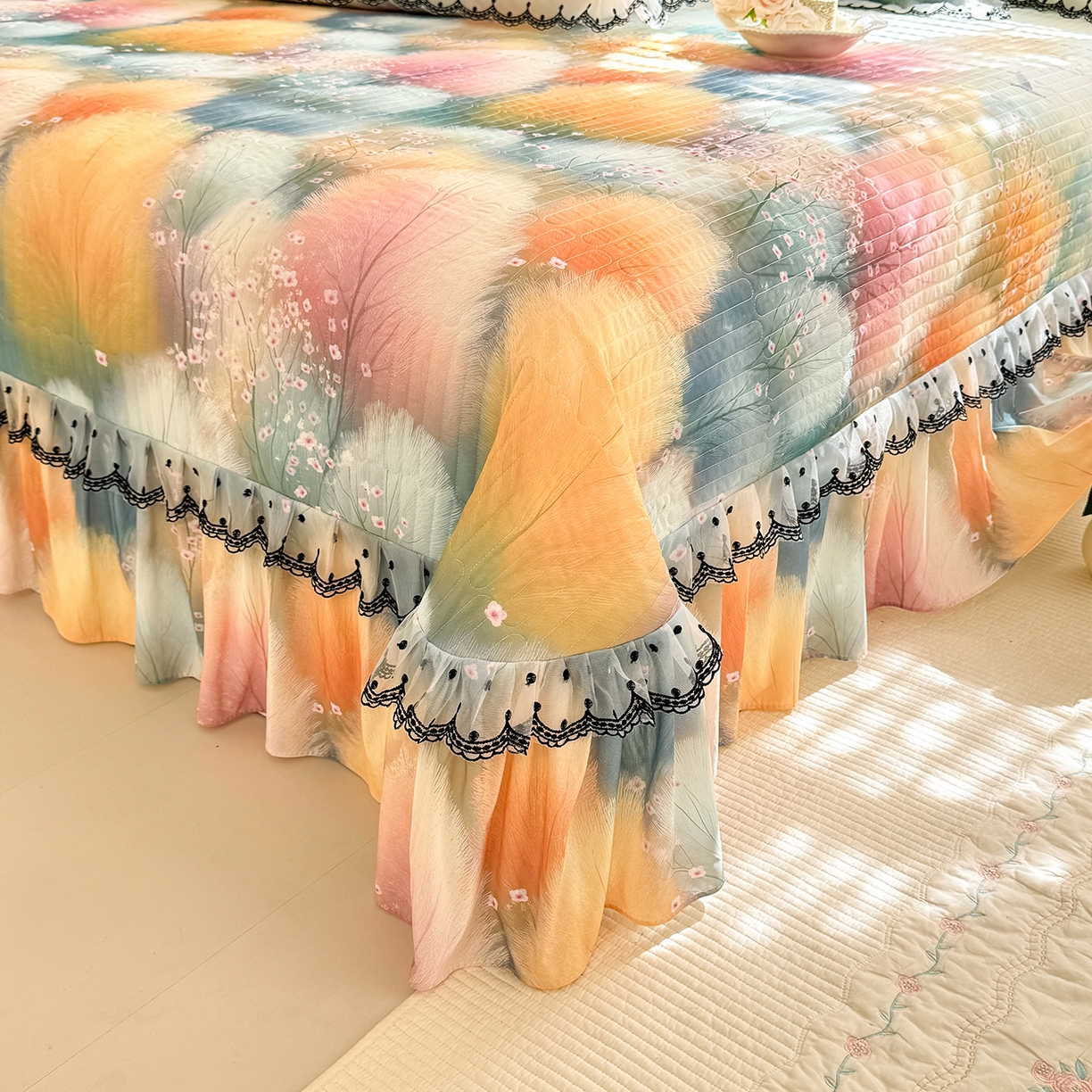 91家纺网 家纺一手货源 找家纺 绒世界 2026新款凉感丝夹棉床盖款三件套 空谷幽兰