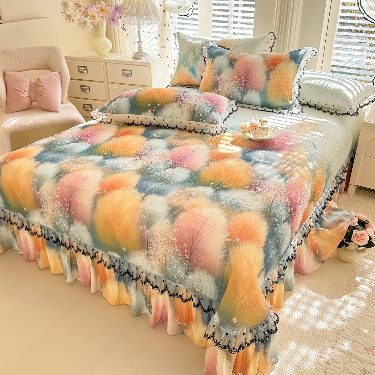 91家纺网 家纺一手货源 找家纺 绒世界 2026新款凉感丝夹棉床盖款三件套 空谷幽兰