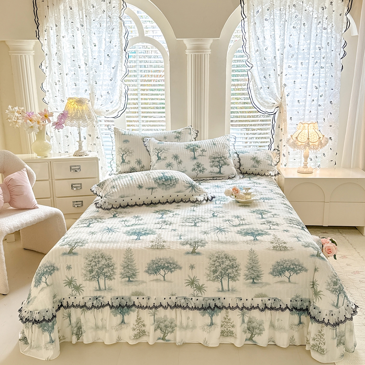 91家纺网 家纺一手货源 找家纺 绒世界 2026新款凉感丝夹棉床盖款三件套 热带雨林