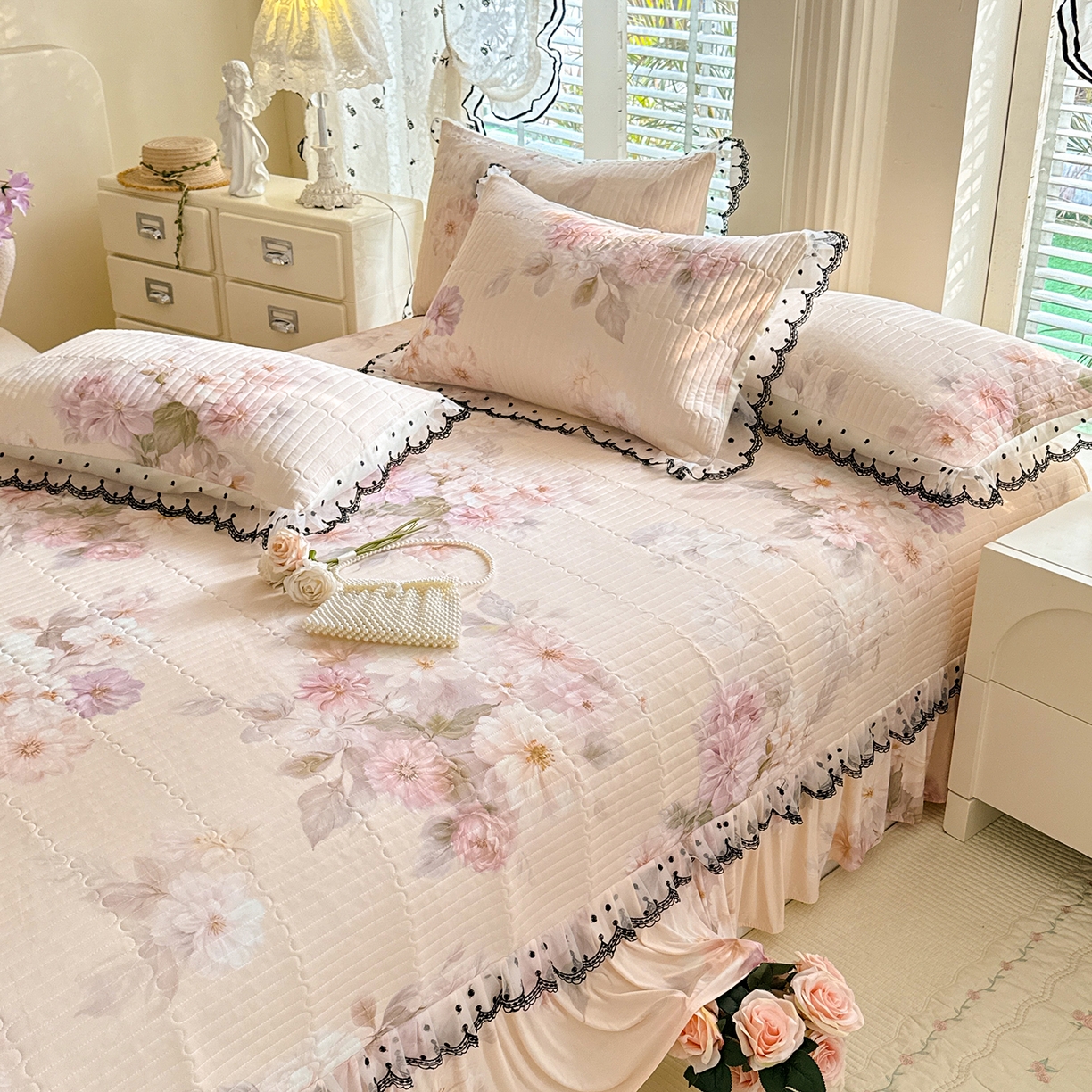 绒世界 2026新款凉感丝夹棉床盖款三件套 花间辞