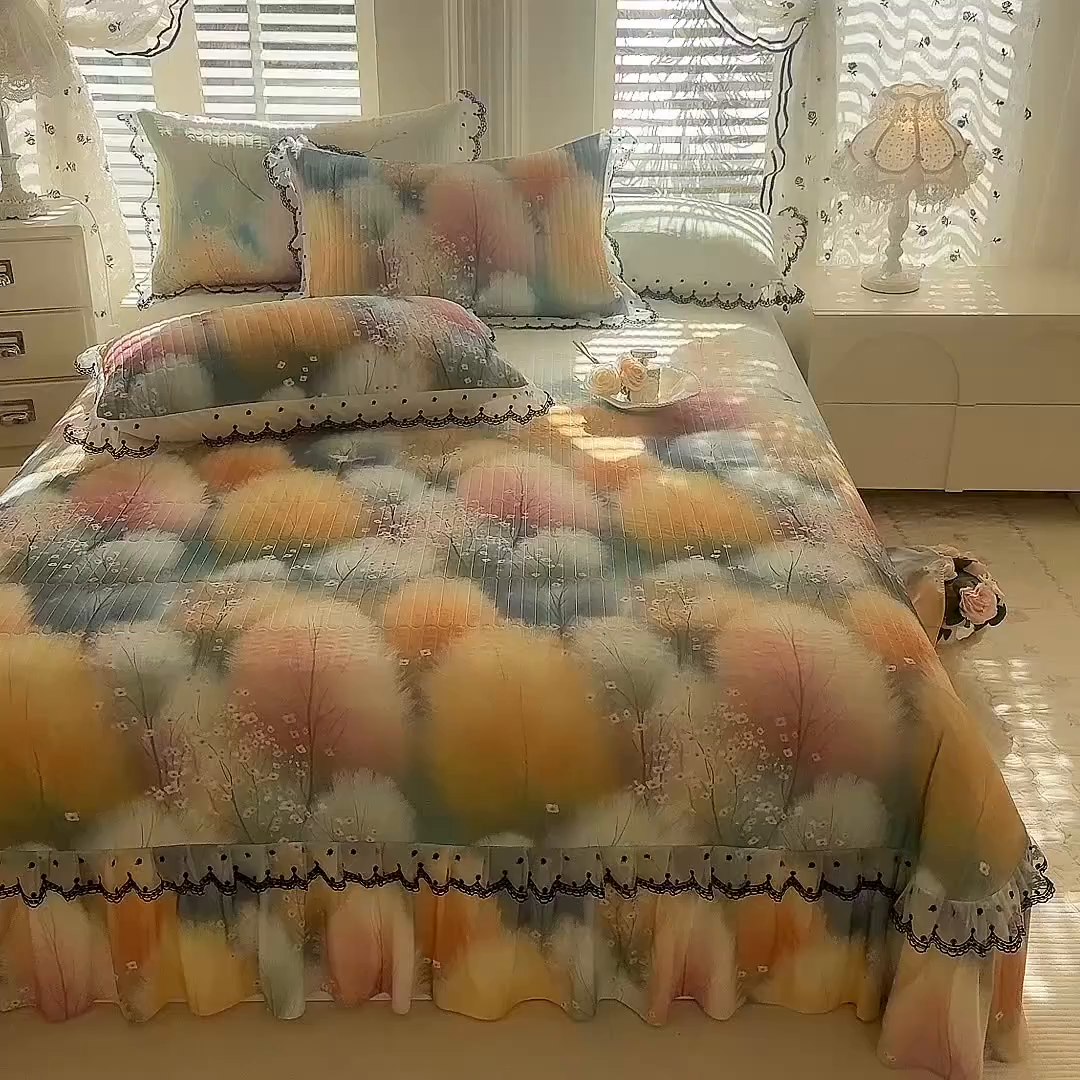 91家纺网 家纺一手货源 找家纺 绒世界 2026新款凉感丝夹棉床盖款三件套 空谷幽兰