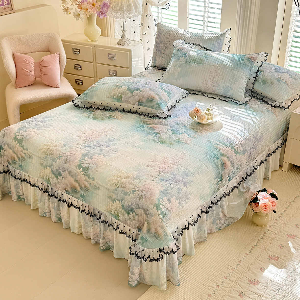 91家纺网 家纺一手货源 找家纺 绒世界 2026新款凉感丝夹棉床盖款三件套 丹青入梦