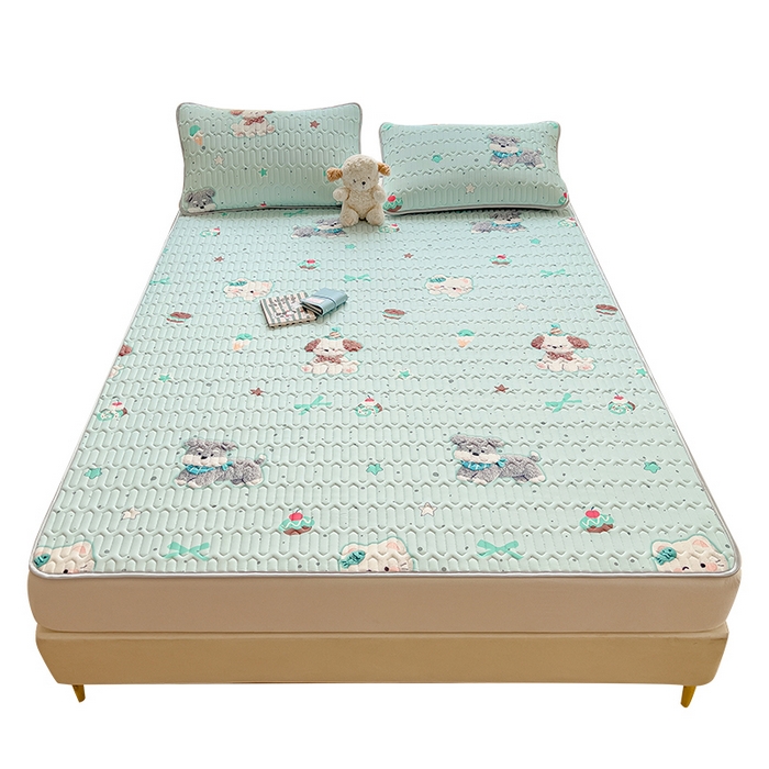 91家纺网 家纺一手货源 找家纺 丝羽坊 2026新款高密凉感丝印花乳胶凉席-平铺款 奶绿汪仔