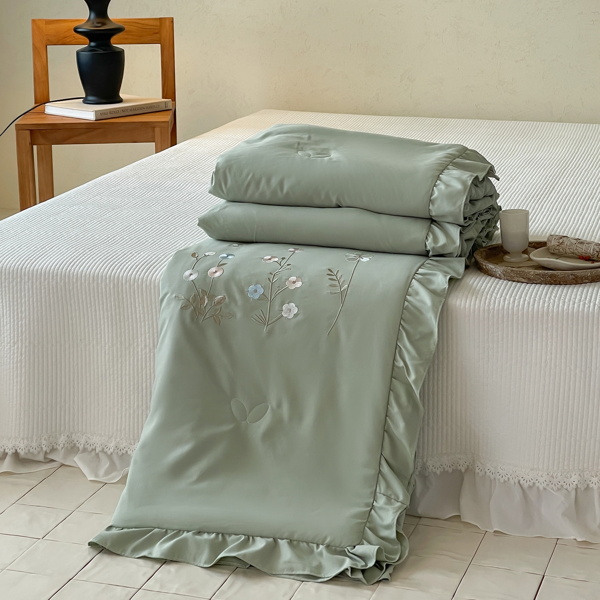 一加一 2026新款亲肤凉感花边绣花大豆夏被夏凉被空调被四件套-花间序 花间序-绿