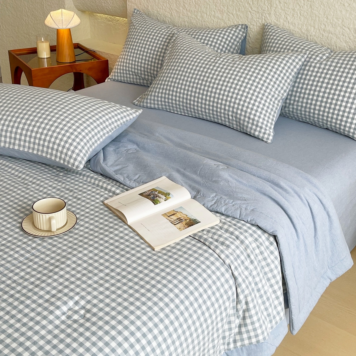 91家纺网 家纺一手货源 找家纺 梵克保罗 2026春夏新款水洗棉新疆棉花被绗缝款夏被系列单夏被夏凉被空调被 棉花被-天蓝小格