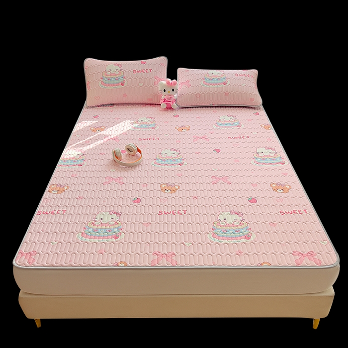 91家纺网 家纺一手货源 找家纺 丝羽坊 2026新款高密凉感丝印花乳胶凉席-平铺款 奶油猫咪