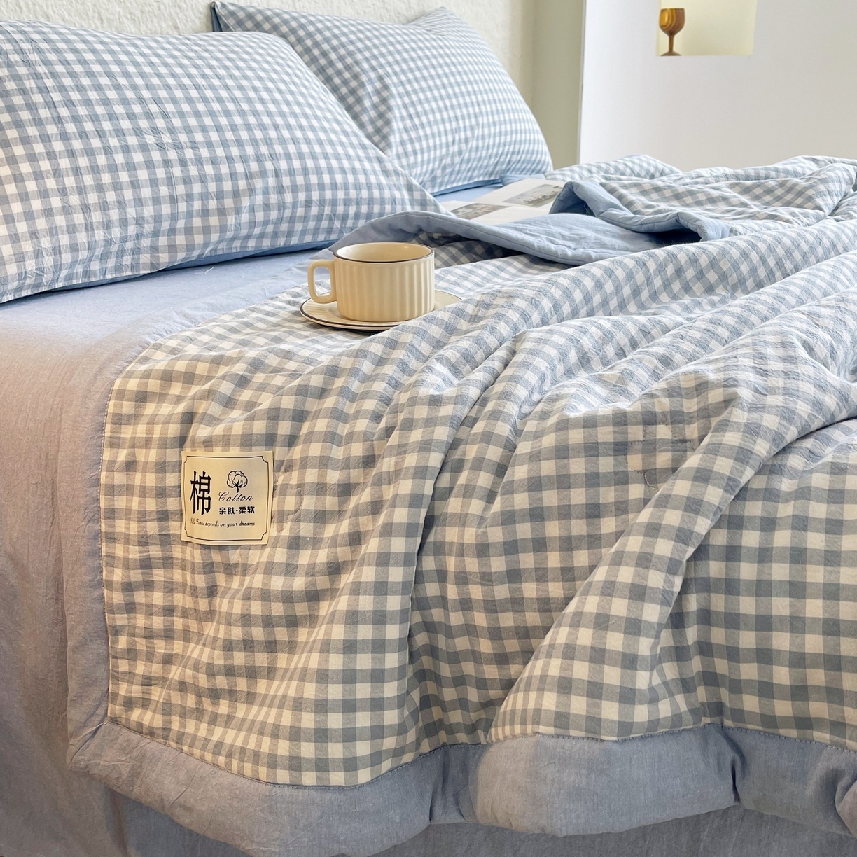 91家纺网 家纺一手货源 找家纺 梵克保罗 2026春夏新款水洗棉新疆棉花被绗缝款夏被系列单夏被夏凉被空调被 棉花被-天蓝小格