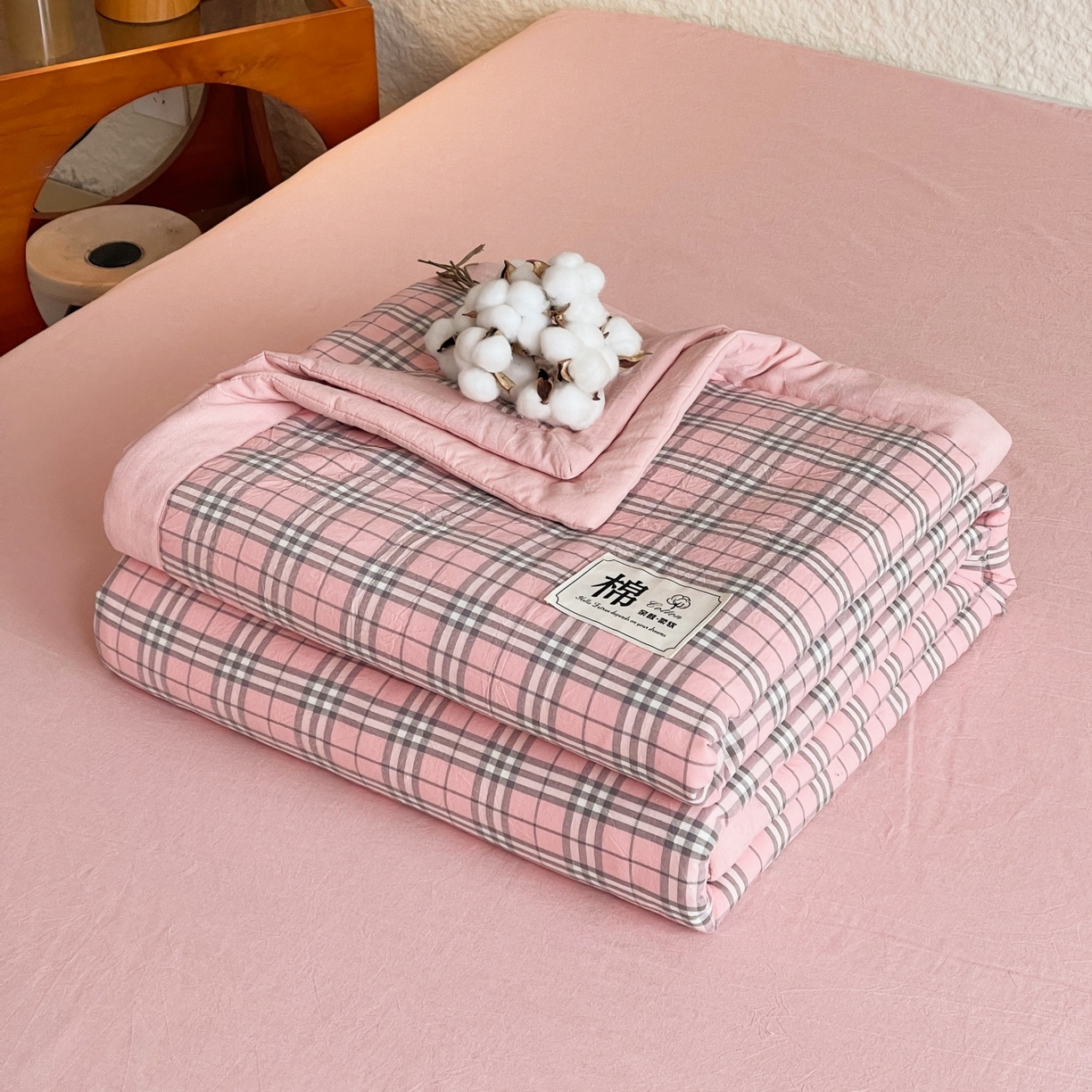 梵克保罗 2026春夏新款水洗棉新疆棉花被绗缝款夏被系列单夏被夏凉被空调被 棉花被-英伦粉