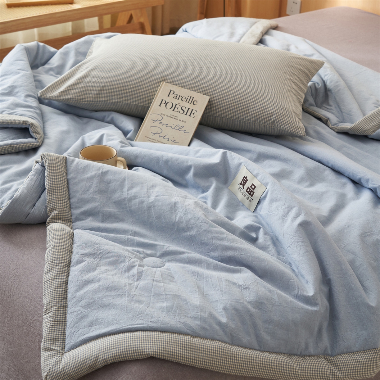 91家纺网 家纺一手货源 找家纺 恬思语家纺 2026春夏新款里外全棉纯棉纯色棉花夏被-百丽系列 百丽-蓝