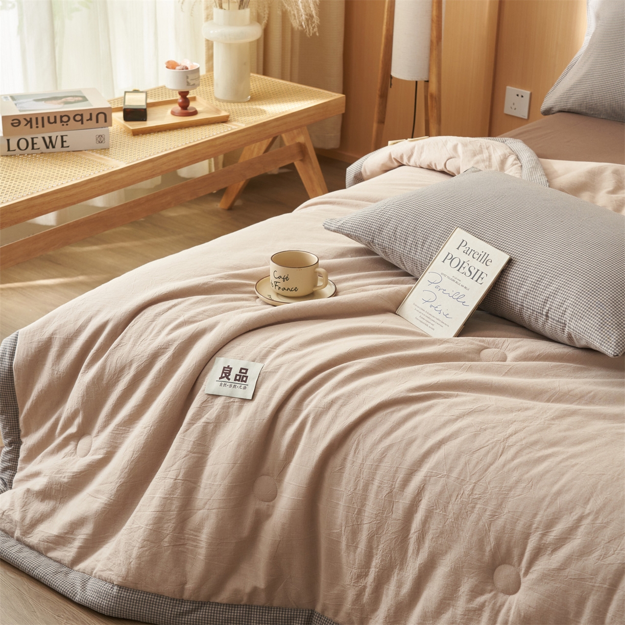 91家纺网 家纺一手货源 找家纺 恬思语家纺 2026春夏新款里外全棉纯棉纯色棉花夏被-百丽系列 百丽-咖