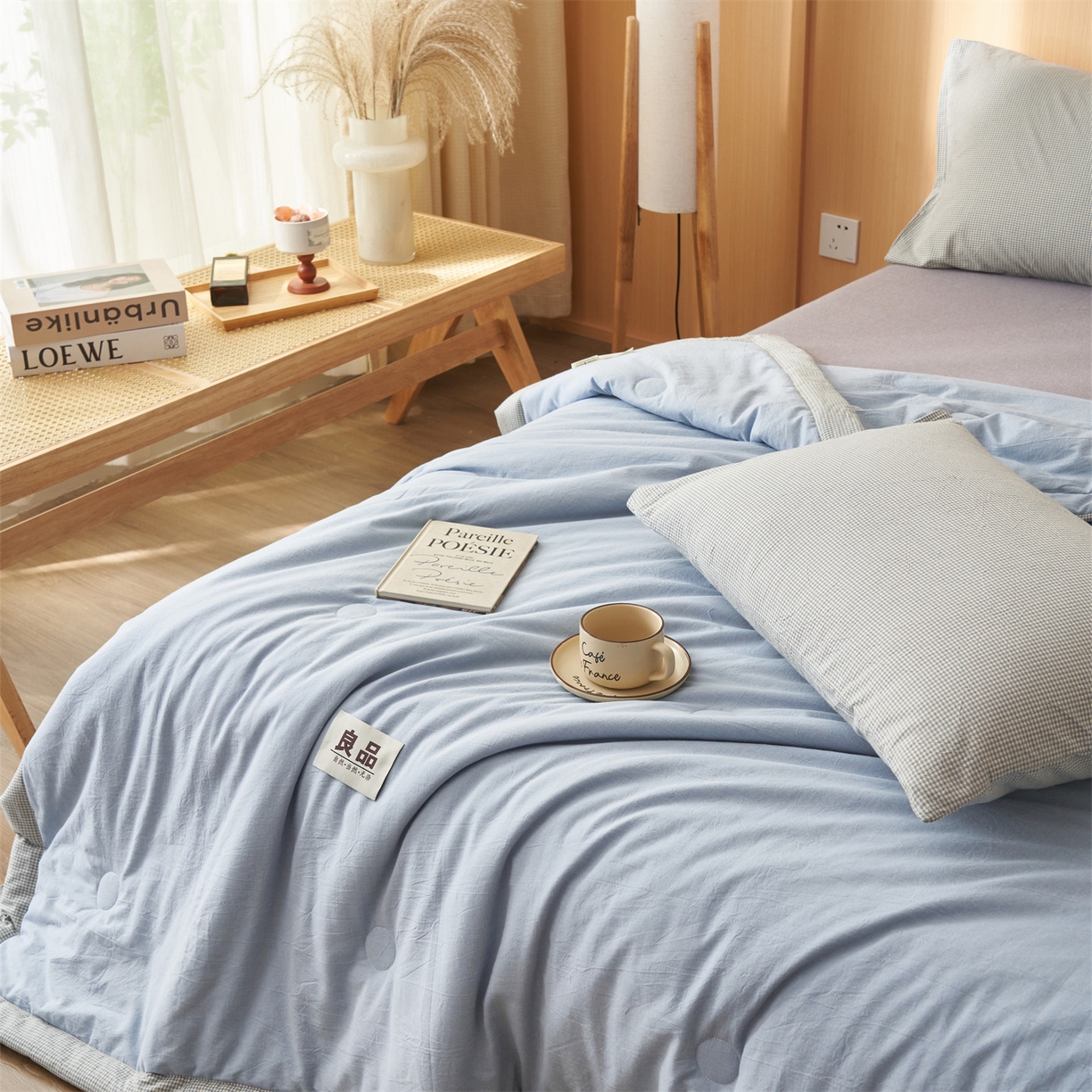 91家纺网 家纺一手货源 找家纺 恬思语家纺 2026春夏新款里外全棉纯棉纯色棉花夏被-百丽系列 百丽-蓝