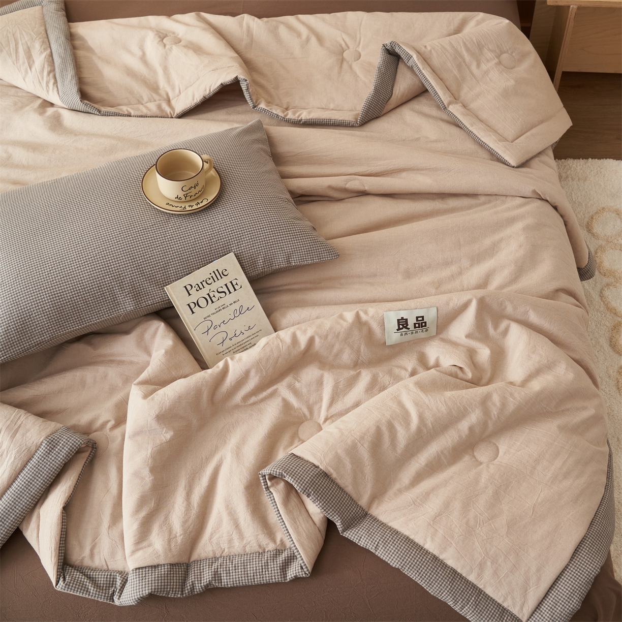 91家纺网 家纺一手货源 找家纺 恬思语家纺 2026春夏新款里外全棉纯棉纯色棉花夏被-百丽系列 百丽-咖