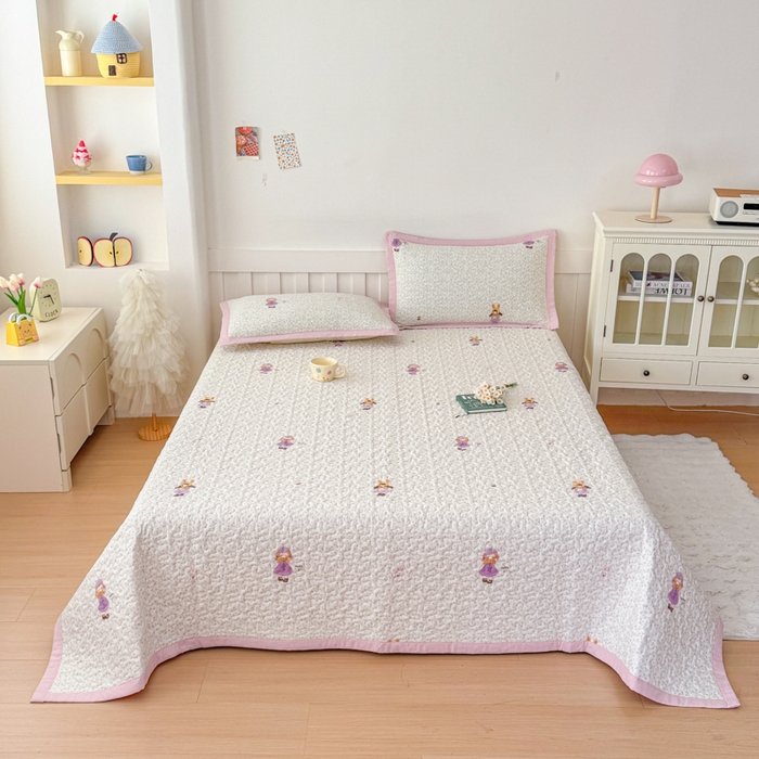 91家纺网 家纺一手货源 找家纺 999家纺 2026新款四季跑量款A类云感双层纱床盖床单三件套夹棉榻榻米炕盖(提供买家秀） 寻梦粉【简约款】