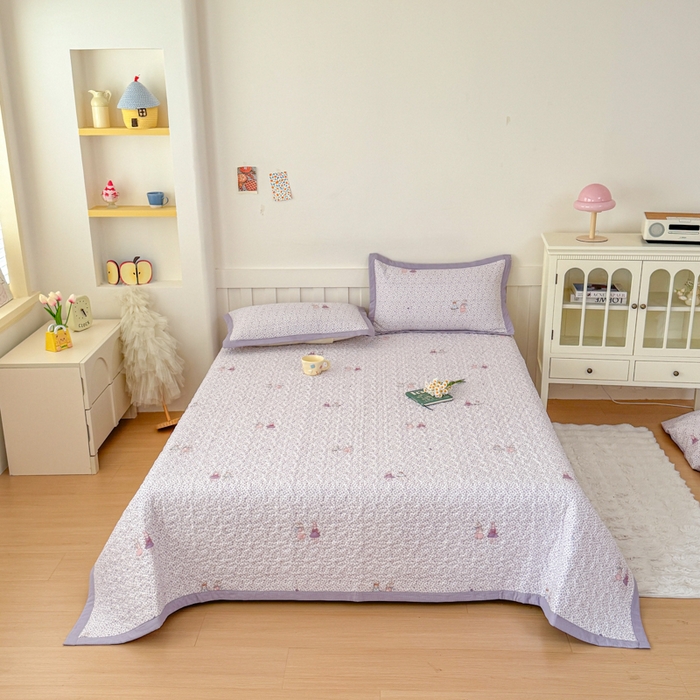 91家纺网 家纺一手货源 找家纺 999家纺 2026新款四季跑量款A类云感双层纱床盖床单三件套夹棉榻榻米炕盖(提供买家秀） 寻梦紫【简约款】