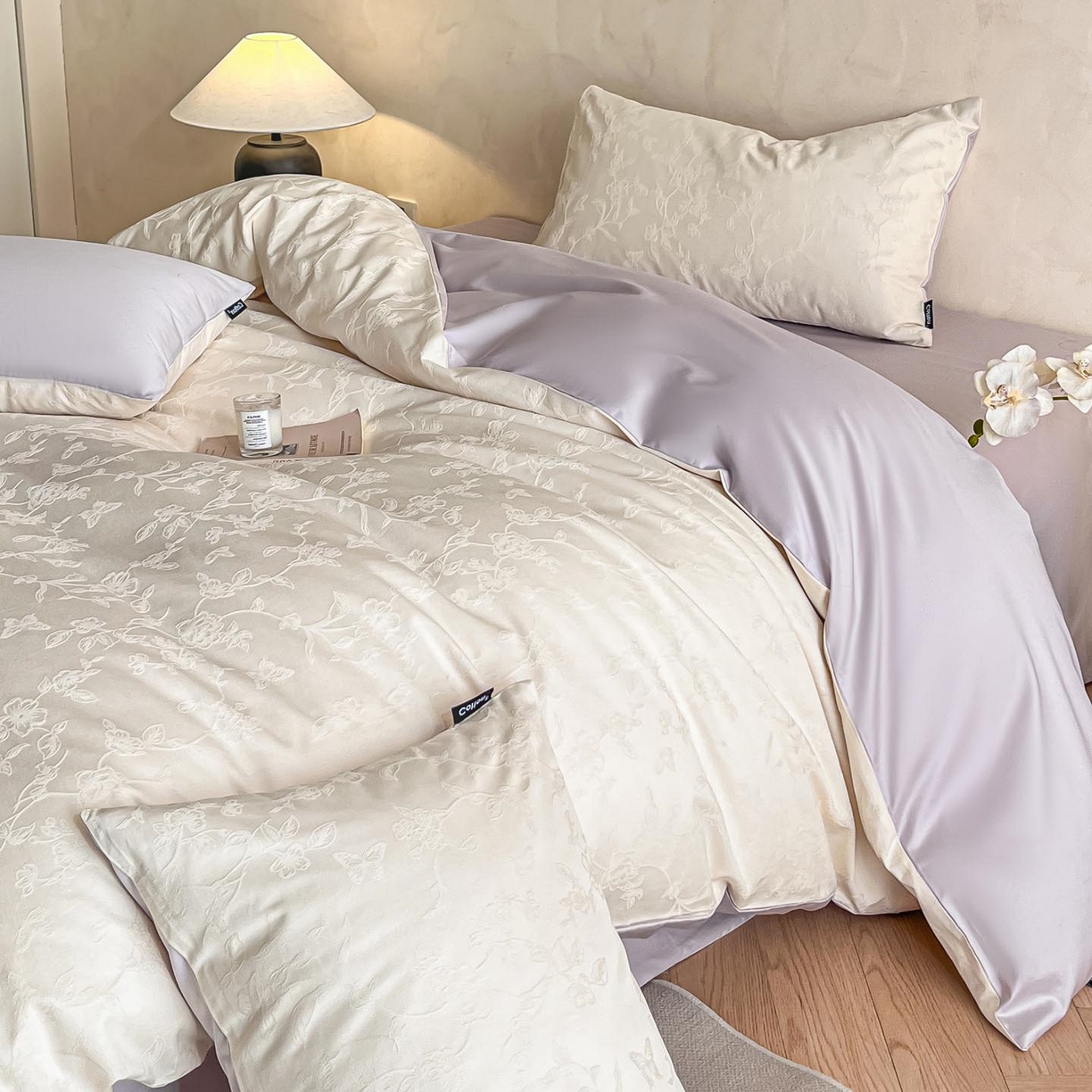 91家纺网 家纺一手货源 找家纺 2026春夏新款全棉提花浮雕四件套 毓影-奶白