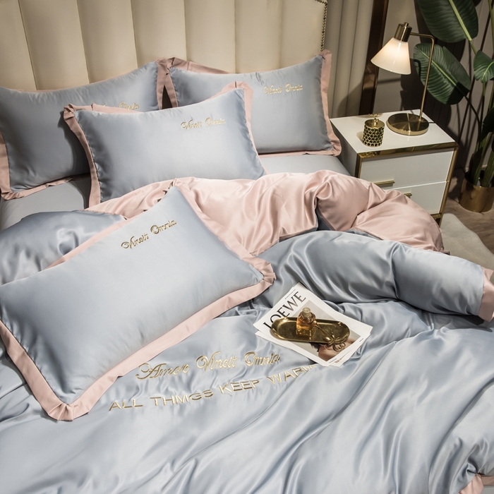 91家纺网 家纺一手货源 找家纺 丝印良品 2026新款水洗真丝盛夏系列四件套单被套四件套 北卡蓝