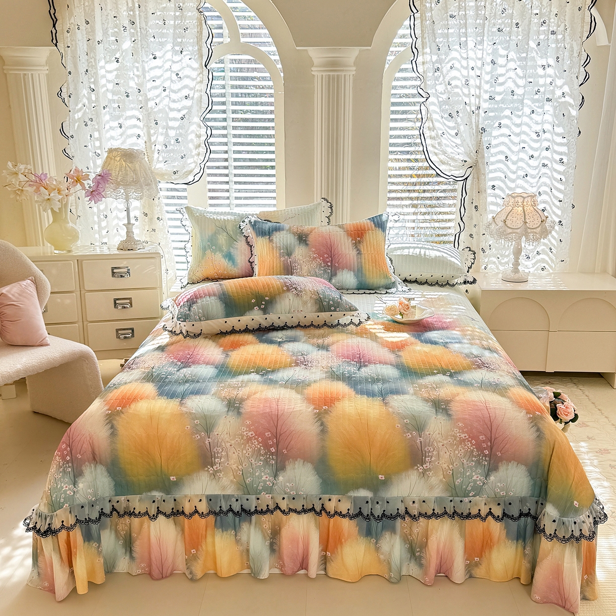 91家纺网 家纺一手货源 找家纺 丝印良品 2026新款凉感丝夹棉床盖款三件套 空谷幽兰