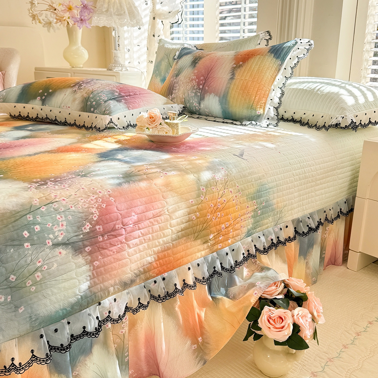 91家纺网 家纺一手货源 找家纺 丝印良品 2026新款凉感丝夹棉床盖款三件套 空谷幽兰