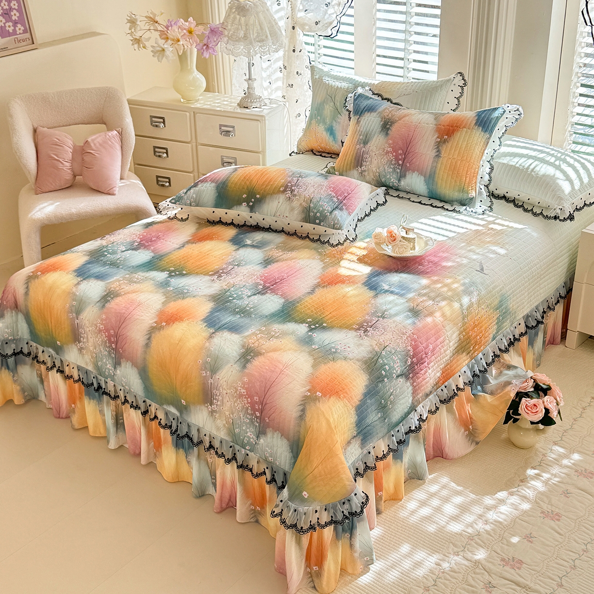 91家纺网 家纺一手货源 找家纺 丝印良品 2026新款凉感丝夹棉床盖款三件套 空谷幽兰