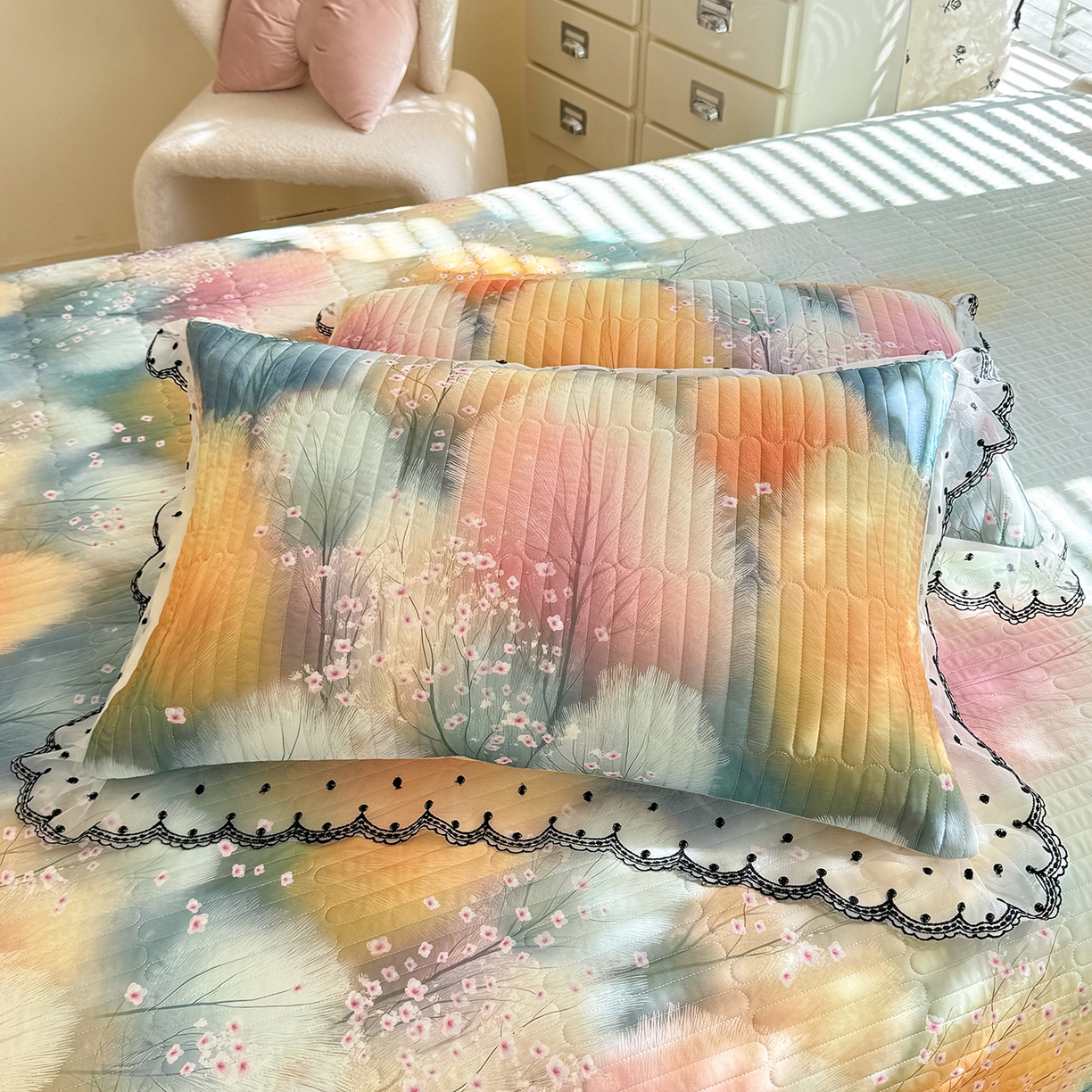 91家纺网 家纺一手货源 找家纺 丝印良品 2026新款凉感丝夹棉床盖款三件套 空谷幽兰