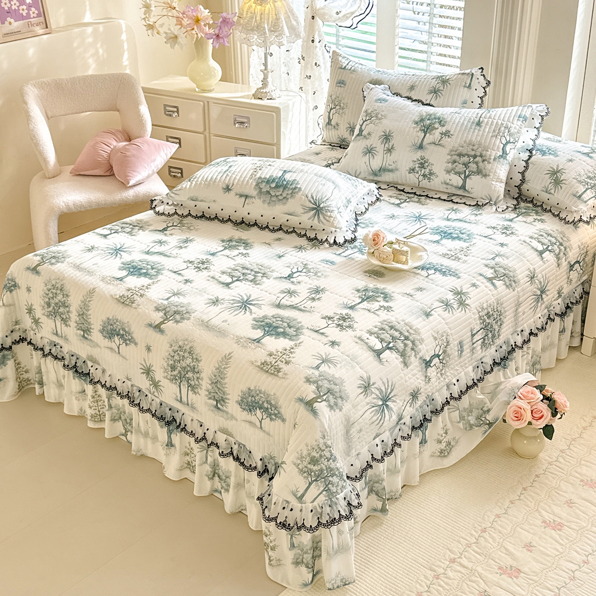 91家纺网 家纺一手货源 找家纺 丝印良品 2026新款凉感丝夹棉床盖款三件套 热带雨林