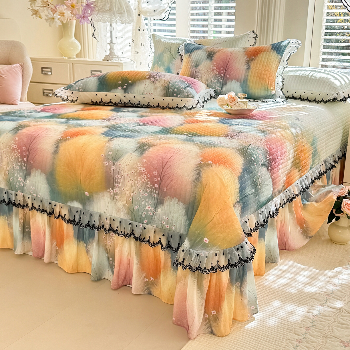 91家纺网 家纺一手货源 找家纺 丝印良品 2026新款凉感丝夹棉床盖款三件套 空谷幽兰