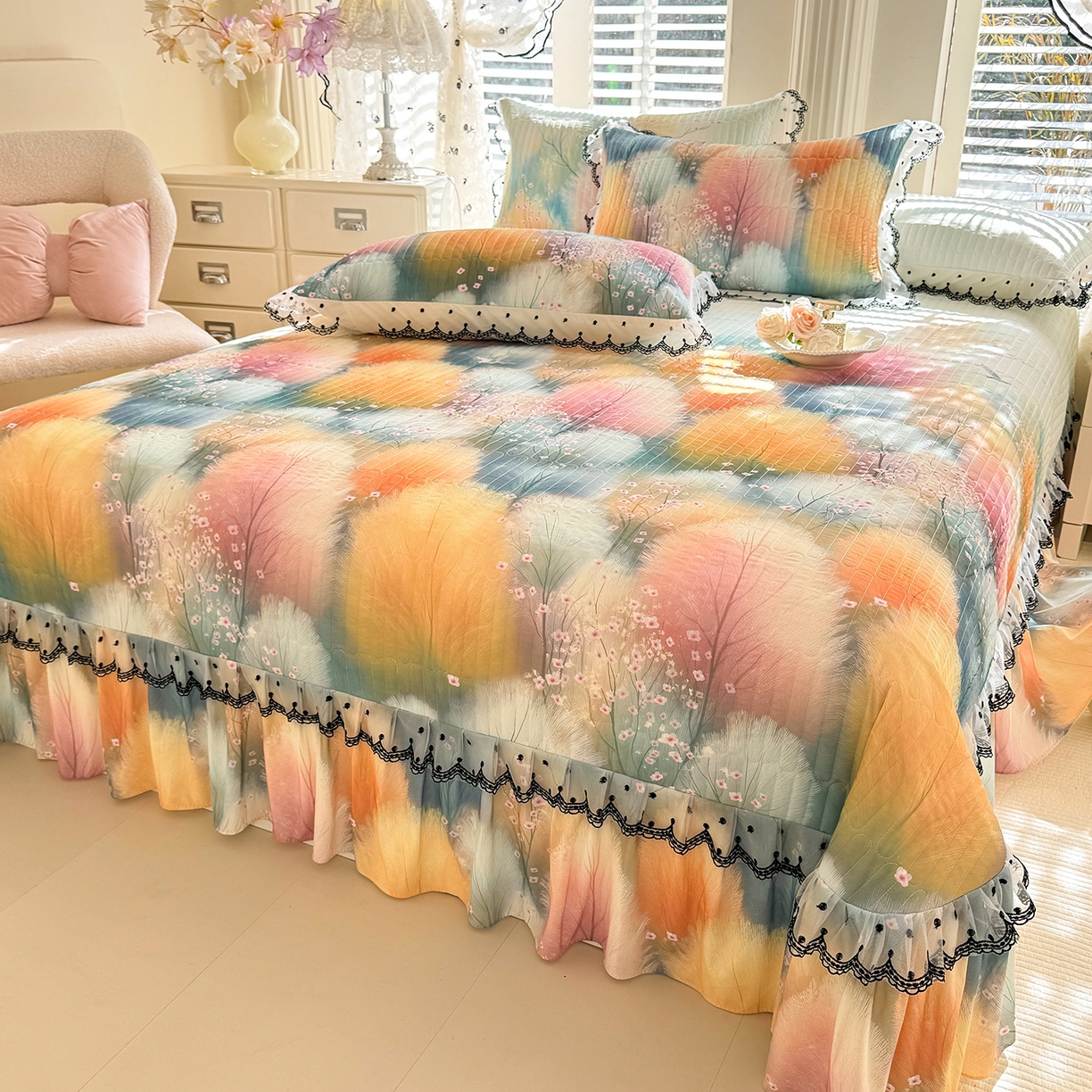 91家纺网 家纺一手货源 找家纺 丝印良品 2026新款凉感丝夹棉床盖款三件套 空谷幽兰