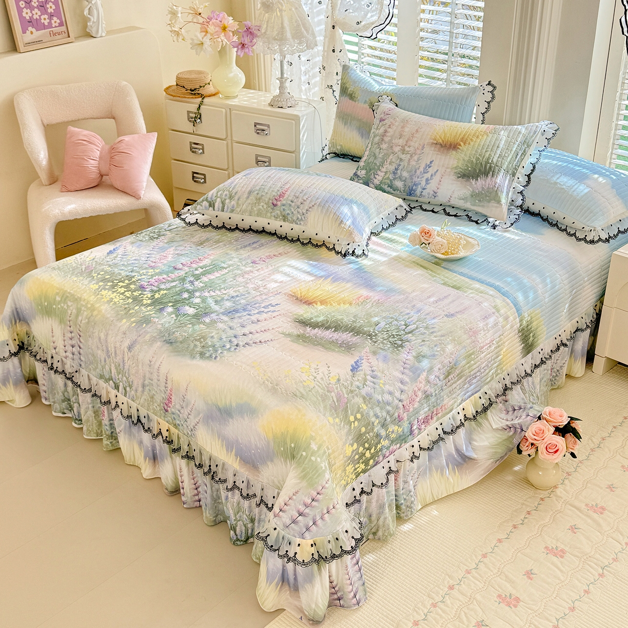 91家纺网 家纺一手货源 找家纺 丝印良品 2026新款凉感丝夹棉床盖款三件套 浅薰如梦