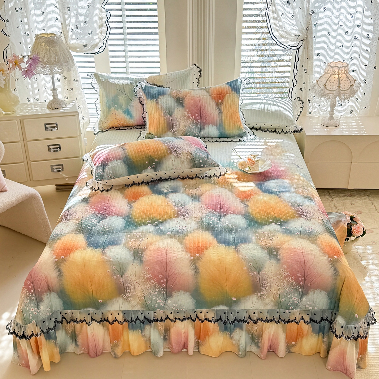 91家纺网 家纺一手货源 找家纺 丝印良品 2026新款凉感丝夹棉床盖款三件套 空谷幽兰