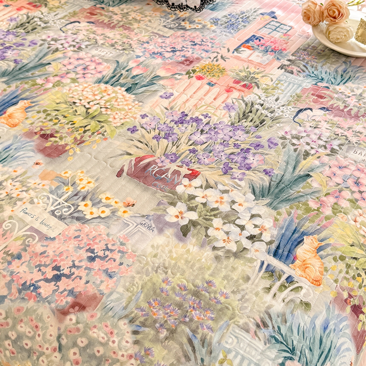 91家纺网 家纺一手货源 找家纺 丝印良品 2026新款凉感丝夹棉床盖款三件套 花团锦簇