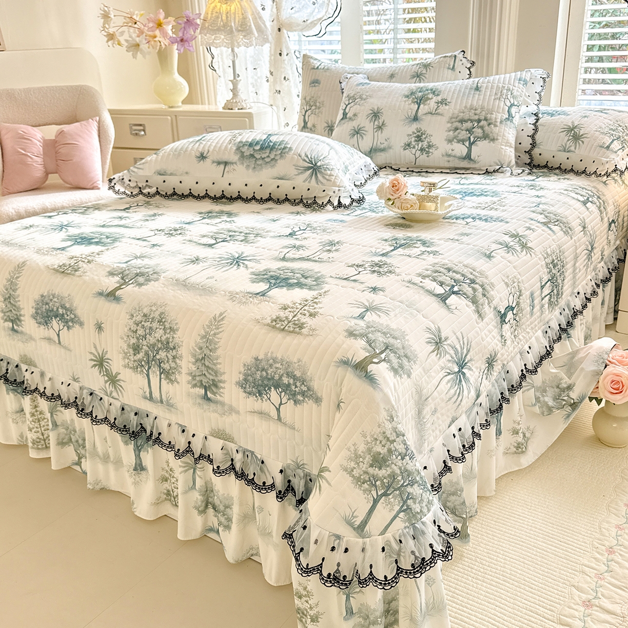 91家纺网 家纺一手货源 找家纺 丝印良品 2026新款凉感丝夹棉床盖款三件套 热带雨林