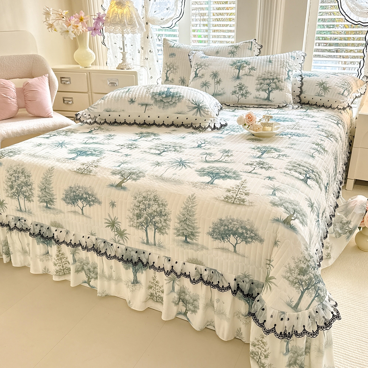 91家纺网 家纺一手货源 找家纺 丝印良品 2026新款凉感丝夹棉床盖款三件套 热带雨林