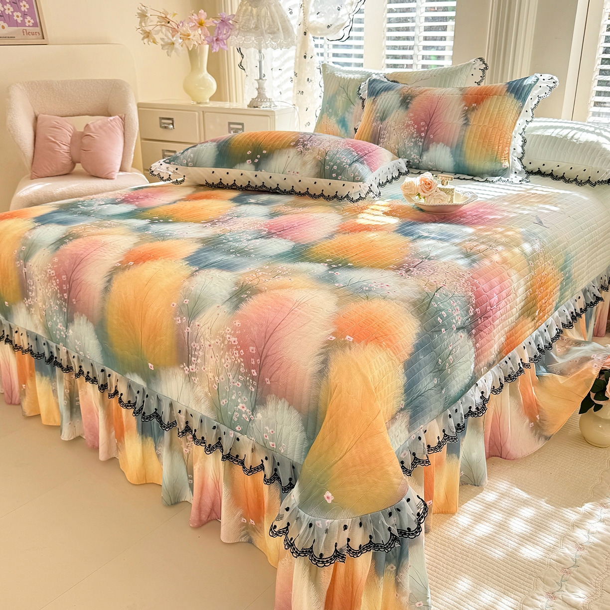 91家纺网 家纺一手货源 找家纺 丝印良品 2026新款凉感丝夹棉床盖款三件套 空谷幽兰