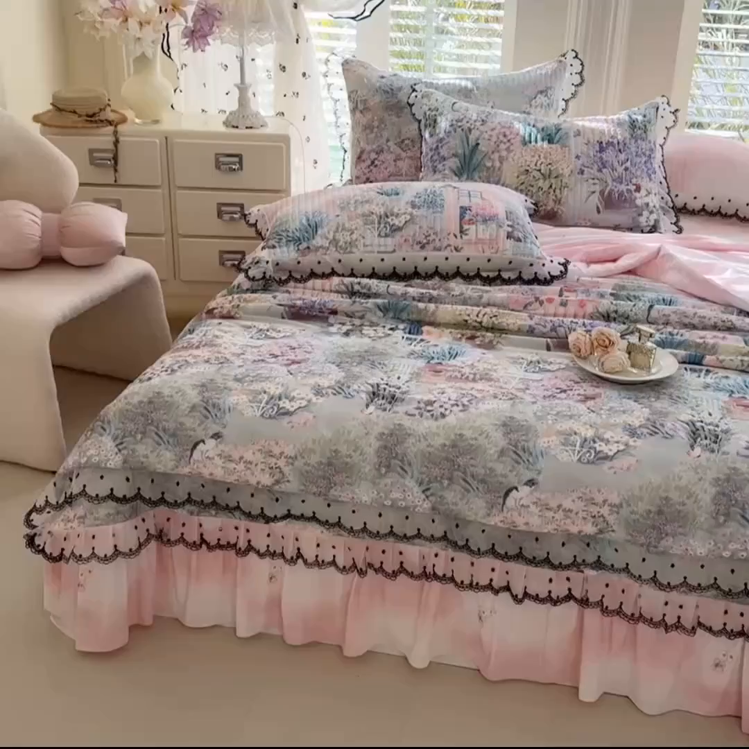 91家纺网 家纺一手货源 找家纺 丝印良品 2026新款凉感丝夹棉床盖款三件套 一池清梦