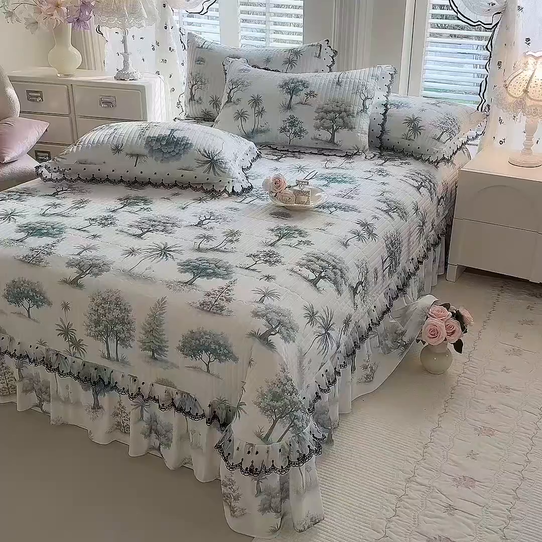 91家纺网 家纺一手货源 找家纺 丝印良品 2026新款凉感丝夹棉床盖款三件套 热带雨林