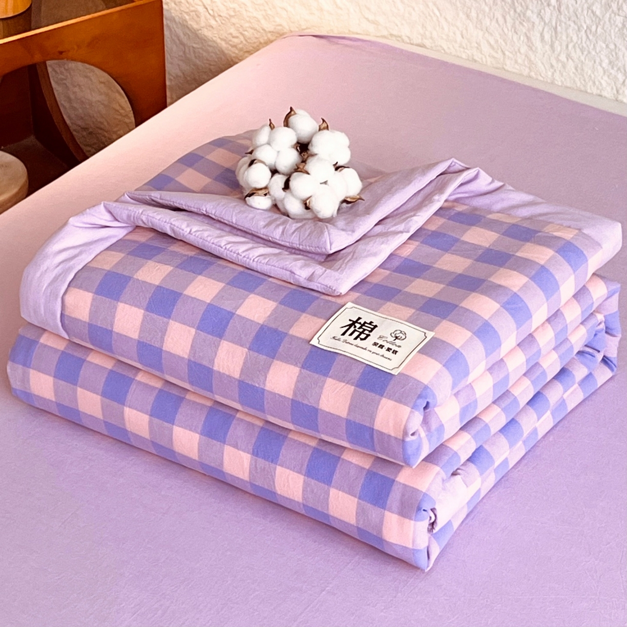 梵克保罗 2026春夏新款水洗棉新疆棉花被绗缝款夏被系列单夏被夏凉被空调被 棉花被-紫粉中格