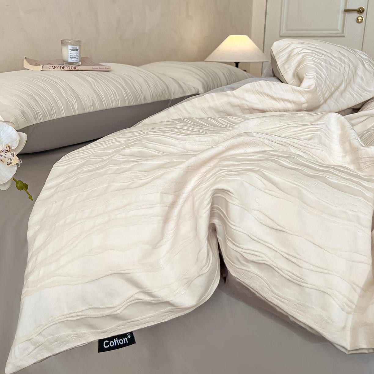 91家纺网 家纺一手货源 找家纺 2026春夏新款全棉提花浮雕四件套 律动格韵