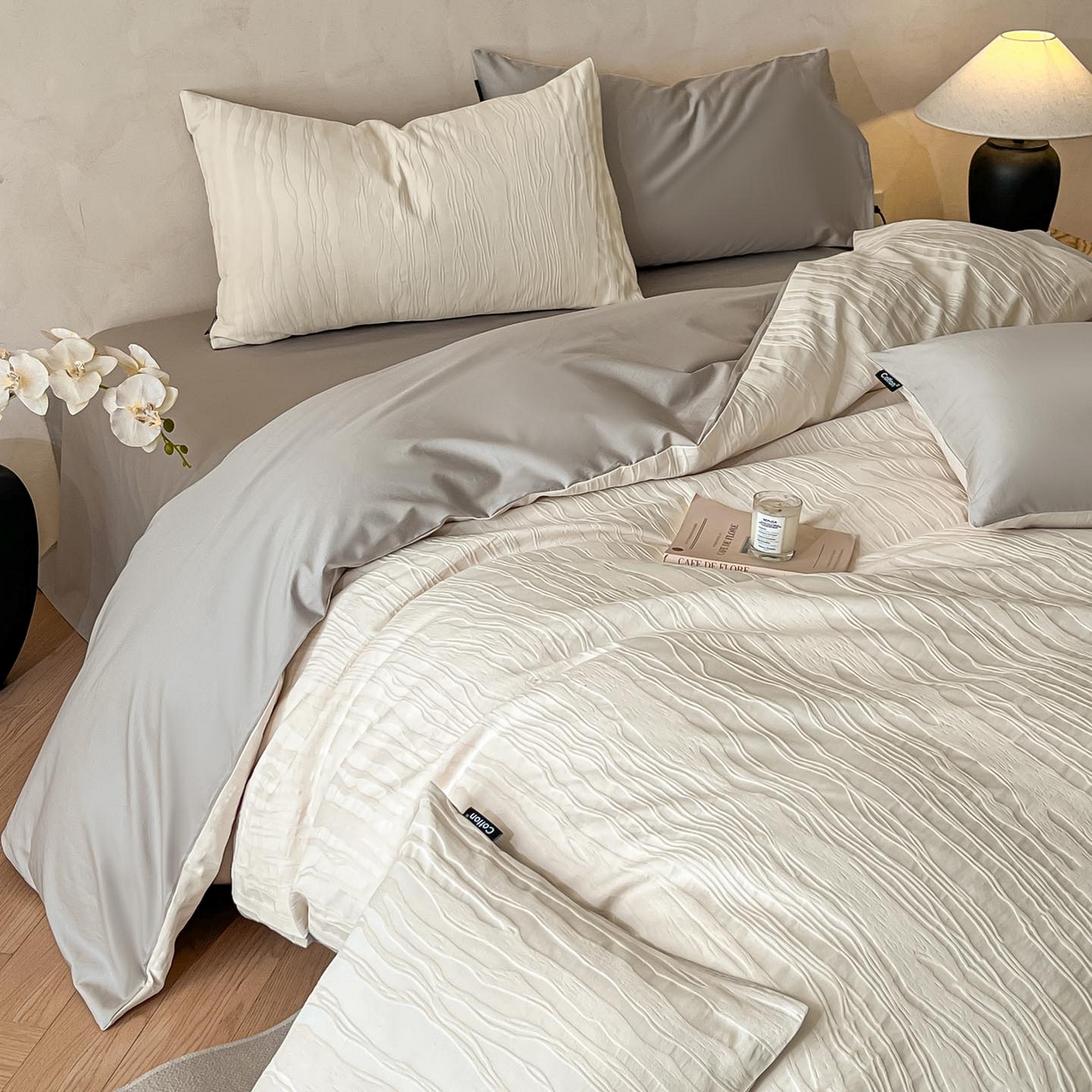 91家纺网 家纺一手货源 找家纺 2026春夏新款全棉提花浮雕四件套 律动格韵