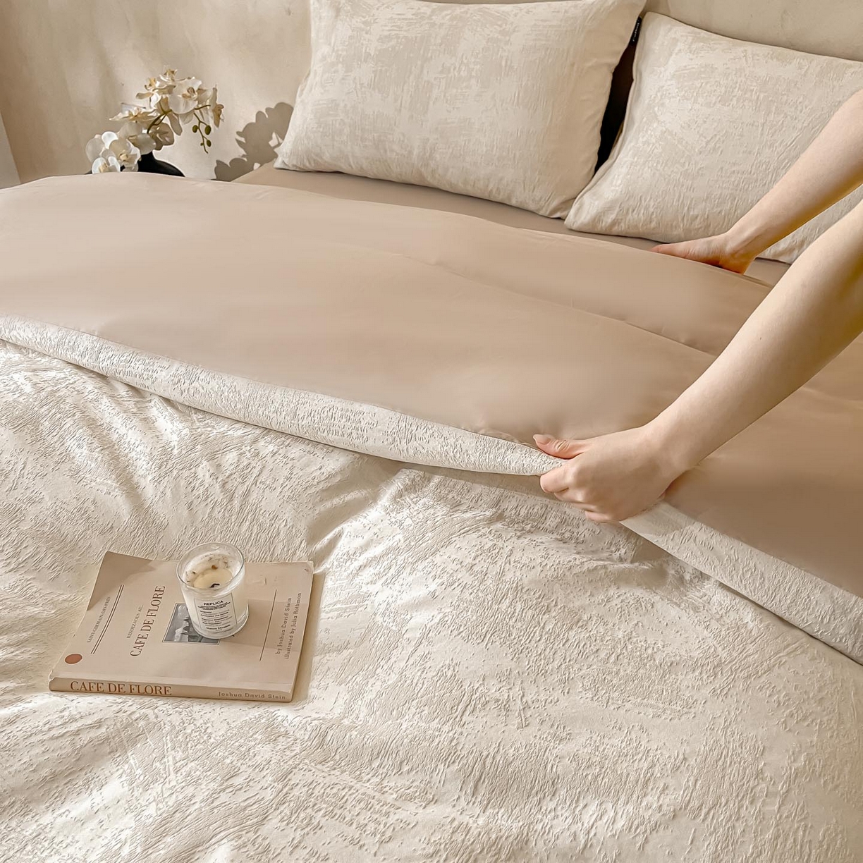 91家纺网 家纺一手货源 找家纺 2026春夏新款全棉提花浮雕四件套 雾絮-奶白