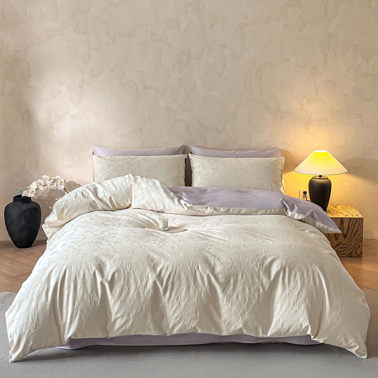 91家纺网 家纺一手货源 找家纺 2026春夏新款全棉提花浮雕四件套 毓影-奶白