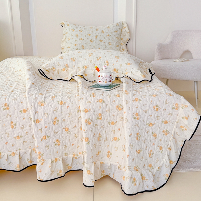 91家纺网 家纺一手货源 找家纺 999家纺 2026新款双层纱花边床盖单件加厚夹棉云感皱皱纱花边床单三件套四季跑量（提供买家秀） 静初【花边款】